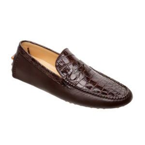Mocasín driver café con antifaz en piel de cocodrilo y vacuno