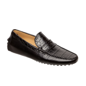 Mocasín driver negro con antifaz en piel de cocodrilo y vacuno