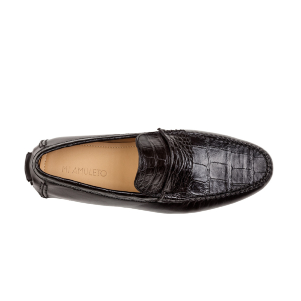 Mocasín driver negro con antifaz en piel de cocodrilo y vacuno - Image 2