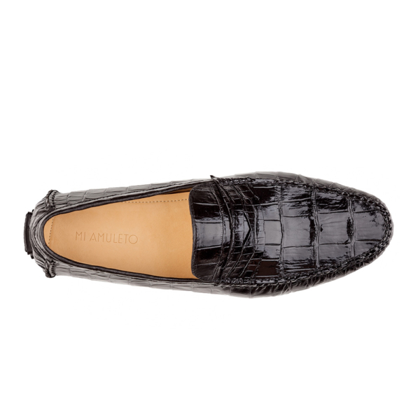 Mocasín driver negro con antifaz en piel de cocodrilo completo - Image 2
