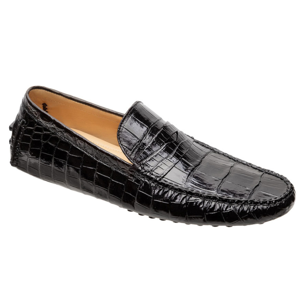 Mocasín driver negro con antifaz en piel de cocodrilo completo
