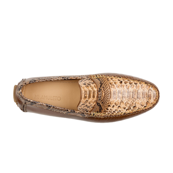 Mocasín driver beige-café con antifaz en piel de pitón y vacuno - Image 2