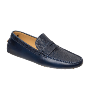 Mocasín driver azul con antifaz en piel de tiburón y vacuno