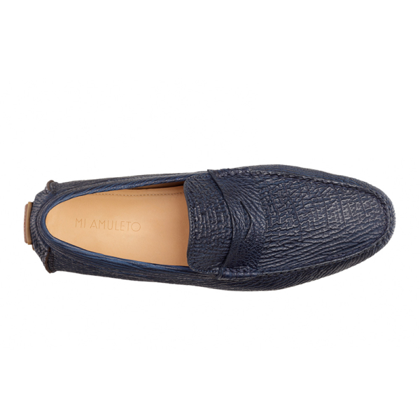 Mocasín driver azul con antifaz en piel de tiburón completo - Image 2