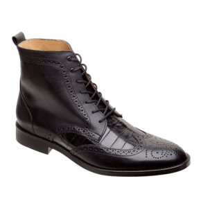 Bota negra de puntera de ala en cocodrilo y vacuno