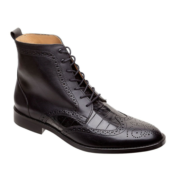 Bota negra de puntera de ala en cocodrilo y vacuno