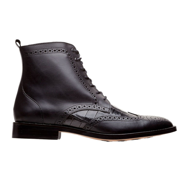 Bota negra de puntera de ala en cocodrilo y vacuno - Image 3