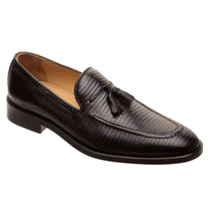 Mocasín negro de motas, tiras y bordo en piel de lizard completo