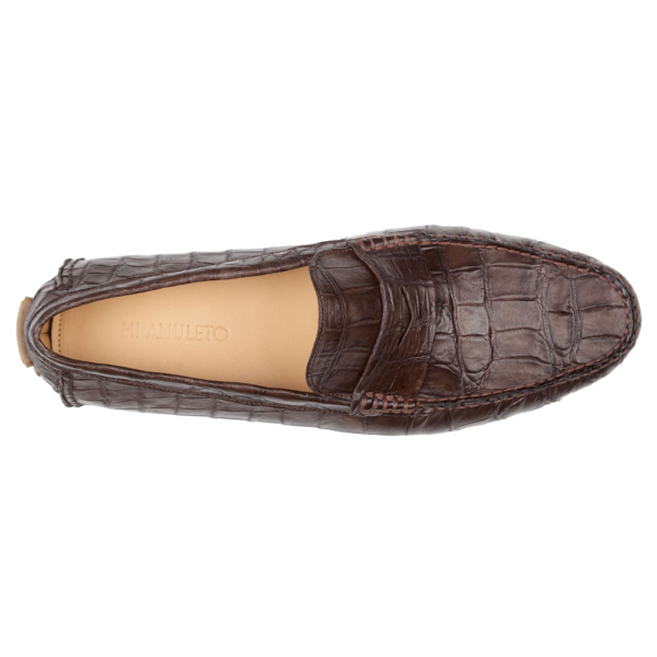 Mocasín driver café-coco con antifaz en piel de cocodrilo completo - Image 2